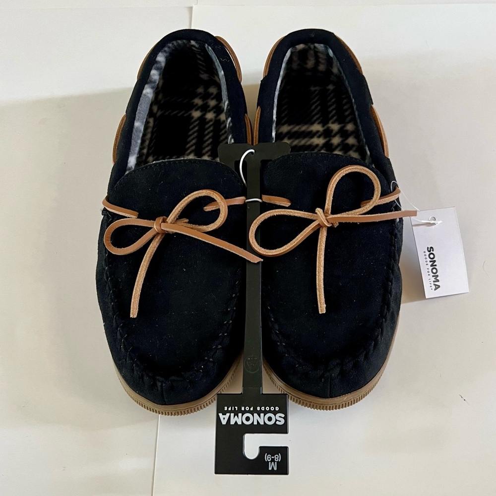 NWT New Sonoma Good for Life Size Medium 8-9 Mens Black Slippers Moccasins